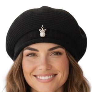 French Beret Tam Hat With Diamond Crown Pearl Adornment